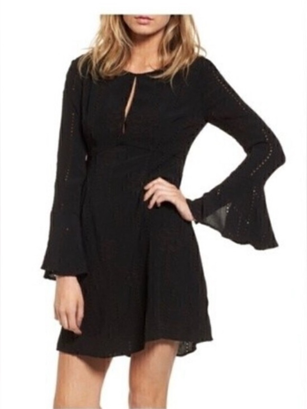 ASTR The Label XS‎ Black Isadora Embroidered Eyelet Bell Sleeve Mini Dress